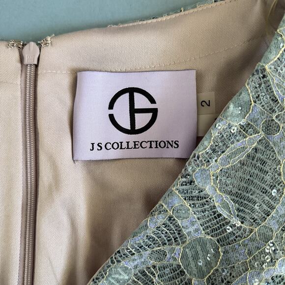 NWT JS Collections Sequin V-Neck Cape Gown Metallic Lace Light Blue Formal Dress - Picture 7 of 8